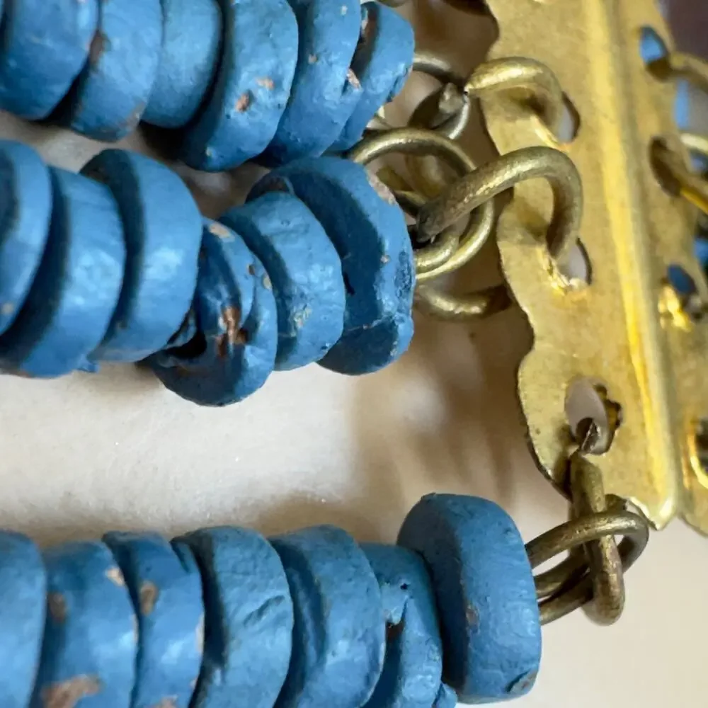 Vintage Egyptian Revival Faience Turquoise Blue Mummy Bead Necklace Brass Coins